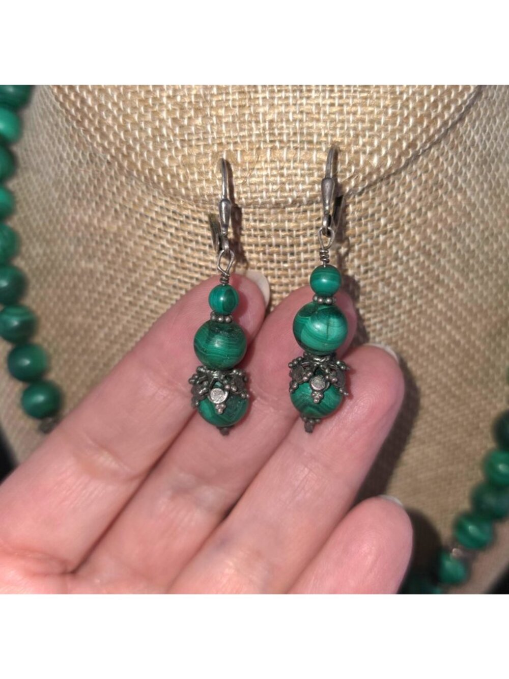 Vintage Malachite Beaded Necklace Earrings Set Sterling Silver 19 inches - Picture 3 of 8